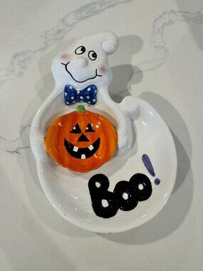Flowers Inc Balloons Ceramic Candy Dish Ghost Pumpkin Boo Halloween 8 Inches